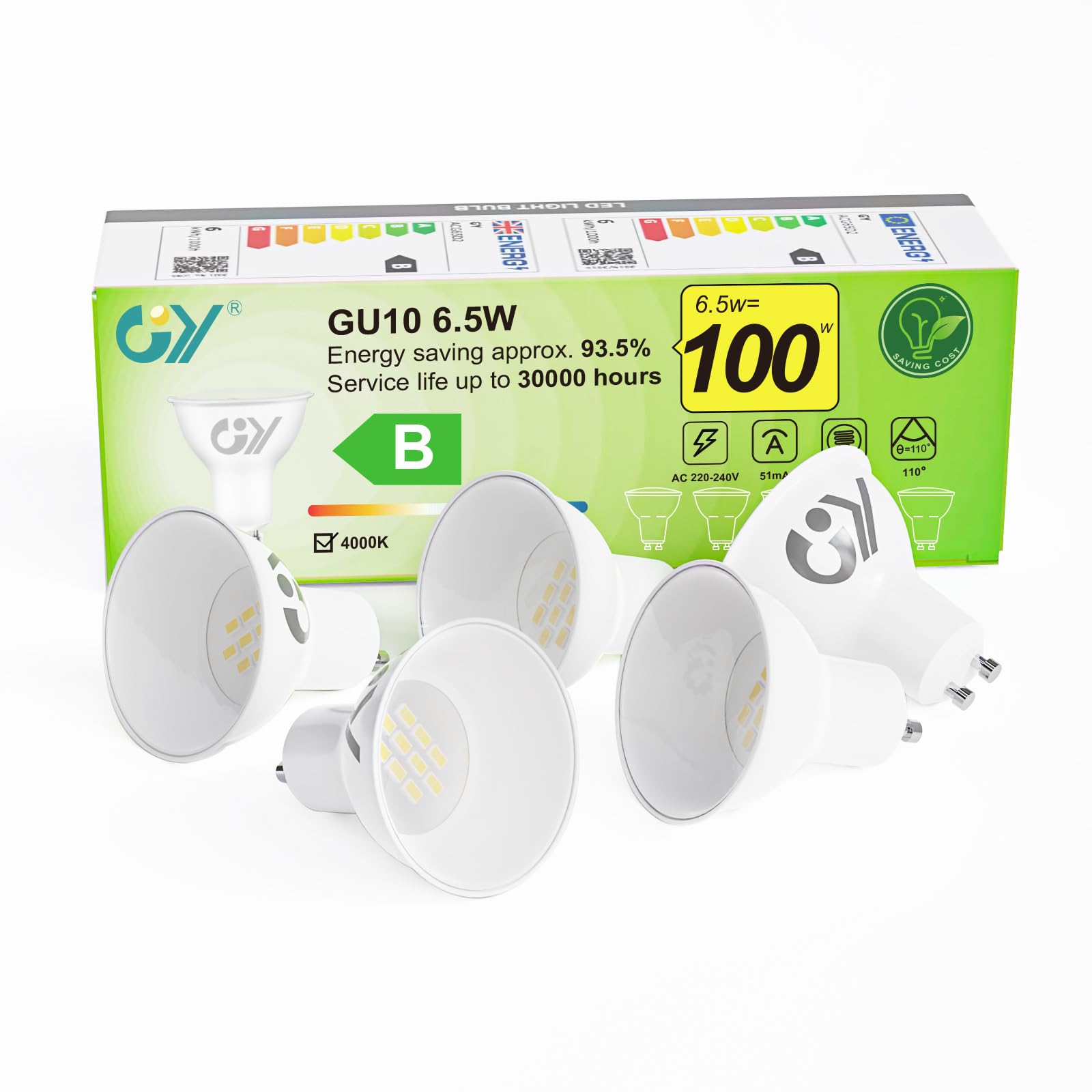 GY GY GU10 LED Bulbs 6.5W 1025lm High Brightness Neutral White 4000K Energy Saving,The New UK Energy Efficiency Class B Replaces 90W, 110°Beam Angle Non-Dimmable, 5 Pack