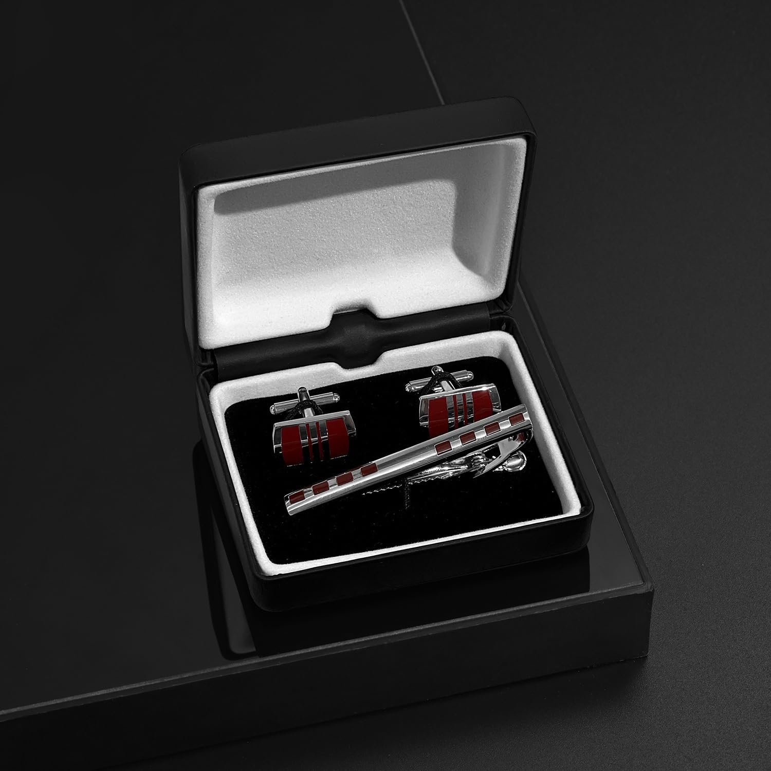 Juego de Gemelos y Pasador de Corbata para Hombre, Estilo Informal, con Esmalte Rojo y Estilo francés.