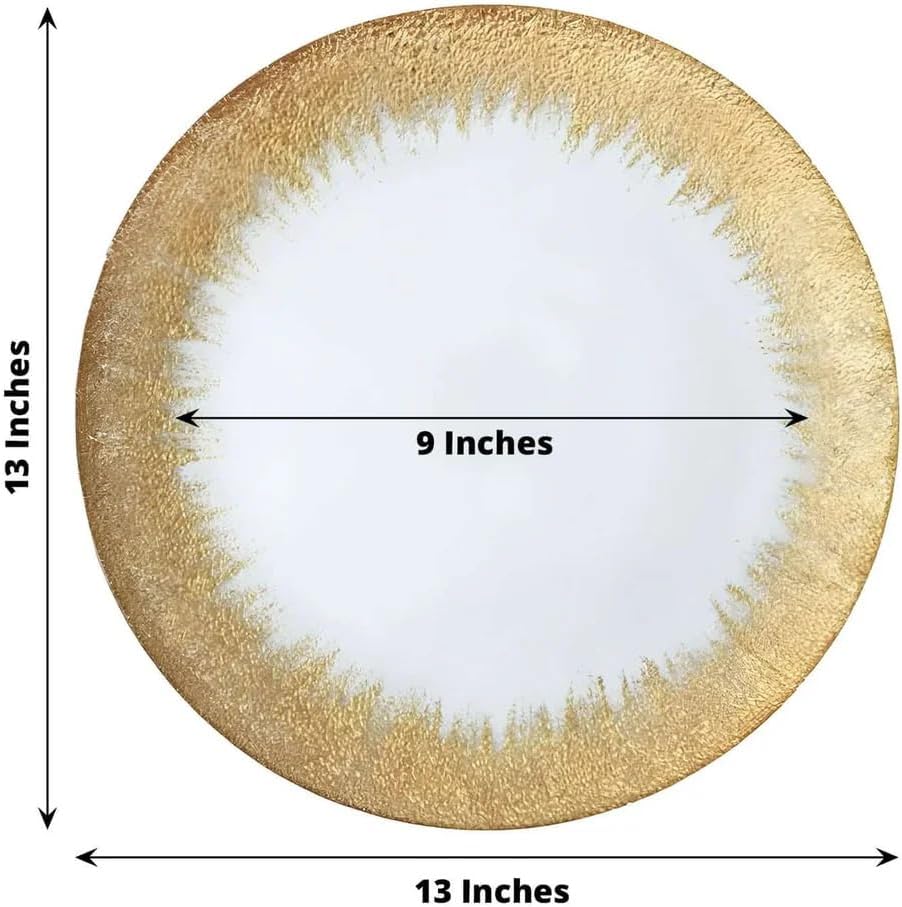 Tableclothsfactory 8 Pack | 13" Glass Charger Plates Reusable Gold Rim Charger Plates Spray Design Plates For Events Table Decoration