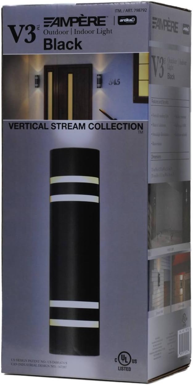 V3 Ampère Outdoor/Indoor Stainless Steel Vertical Stream Collection Wall Lamp, Black