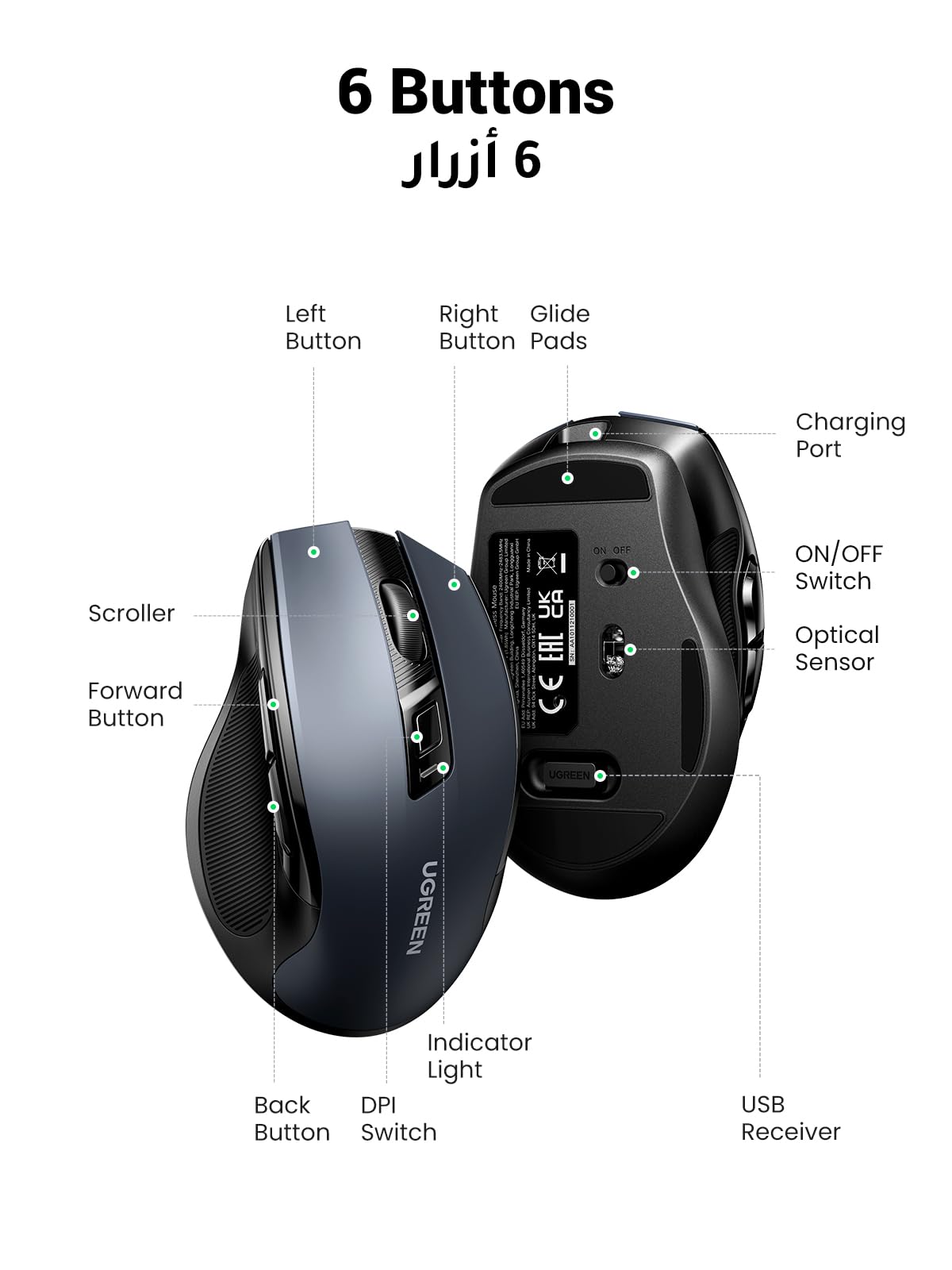 Mysz UGREEN 2,4 GHz z Bluetooth, bezprzewodowa z ładowaniem przez USB-C,ładowalna mysz o rozdzielczości 4000 DPI,ergonomiczna konstrukcja i cichy klik,kompatybilna z systemami Windows,macOS i Linux