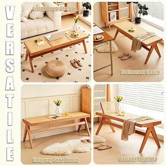 Farmhouse Bench Solid Wood Entryway Bench with Breathable Rattan Seat, 17.7 Spacious Seating Area, Sturdy & Easy to Install Rustic Bench for Hallway, Dining(Black,50.4x17.7x17.7inch)