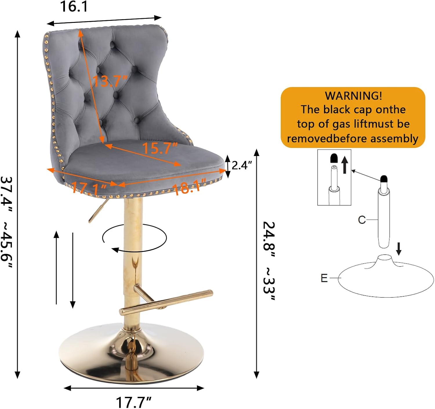 Modern Design Velvet Upholstered Swivel Bar Stool, Gray + Gold Legs, 2 Pack