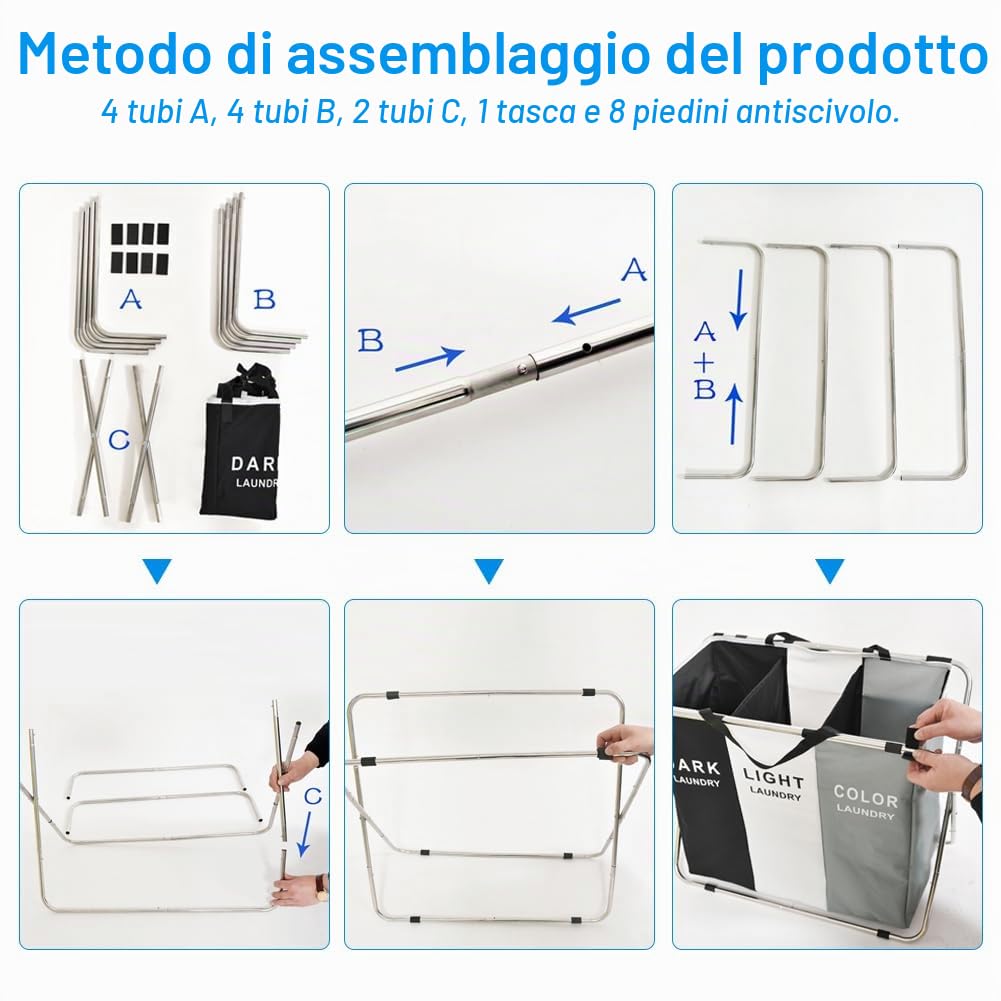 Yontree Cesto portabiancheria pieghevole, 3 scomparti, con manico, per bagno, camera da letto, casa (Improved model)