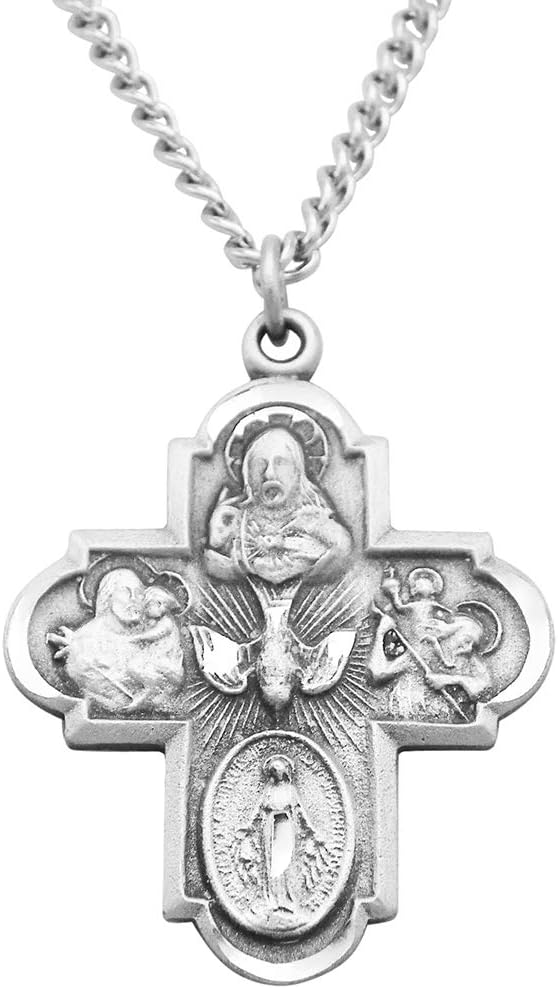 Religious Gift Traditional Catholic Four Way Cross Medal Pendant Necklace 24"