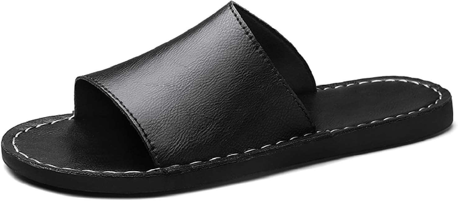 Men's Leather Flat Slides Sandals with Hand Stitched Comfortable Open Toe Soft Platform Slip On Slippers Summer Anti-Slip Beach Walking Sandals