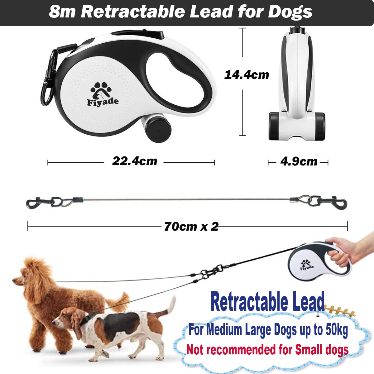 Laisse rétractable pour chien de 8 m avec 2 câbles anti-mastication en acier double extensible pour chiens de taille moyenne et grande pesant jusqu'à 50 kg
