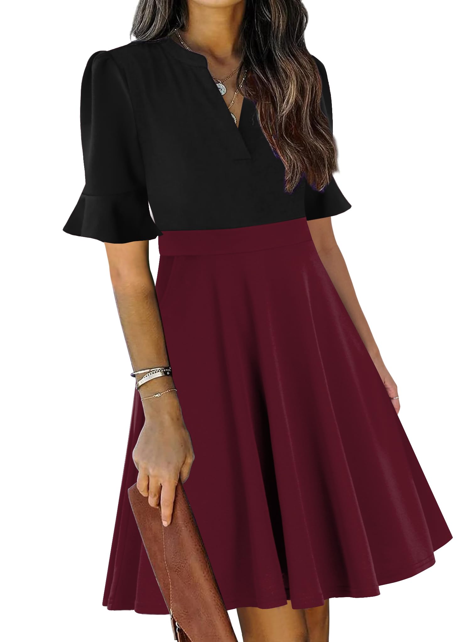 Mokayee Womens Summer V Neck Ruffle Short Sleeve Fit and Flare Knee Length Church Wedding Guest Dresses with