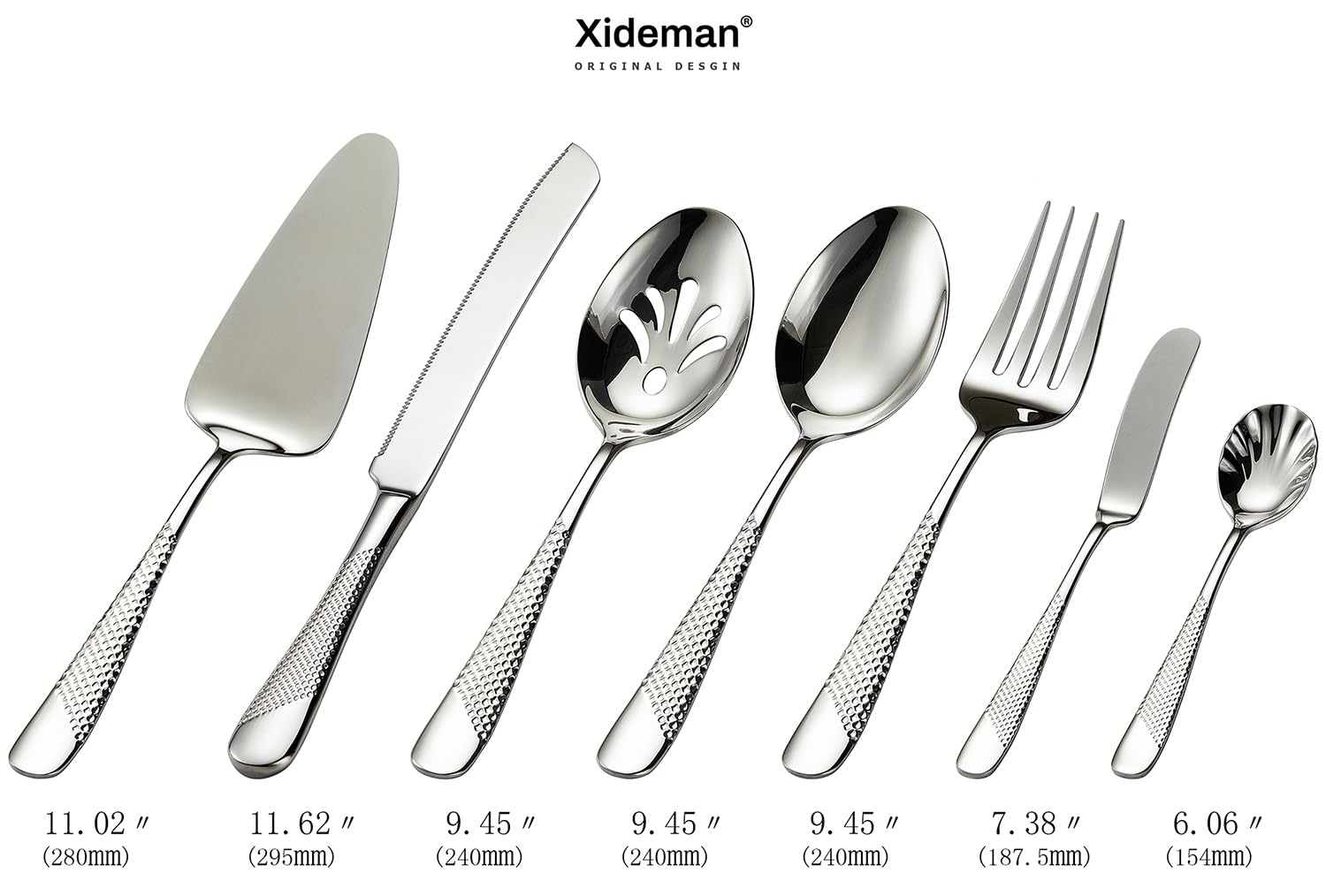 Set di posate servire in acciaio inox 18/10 martellato, 7 pezzi, Posate da hostess con coltello da torta e paletta per torta (Argento)