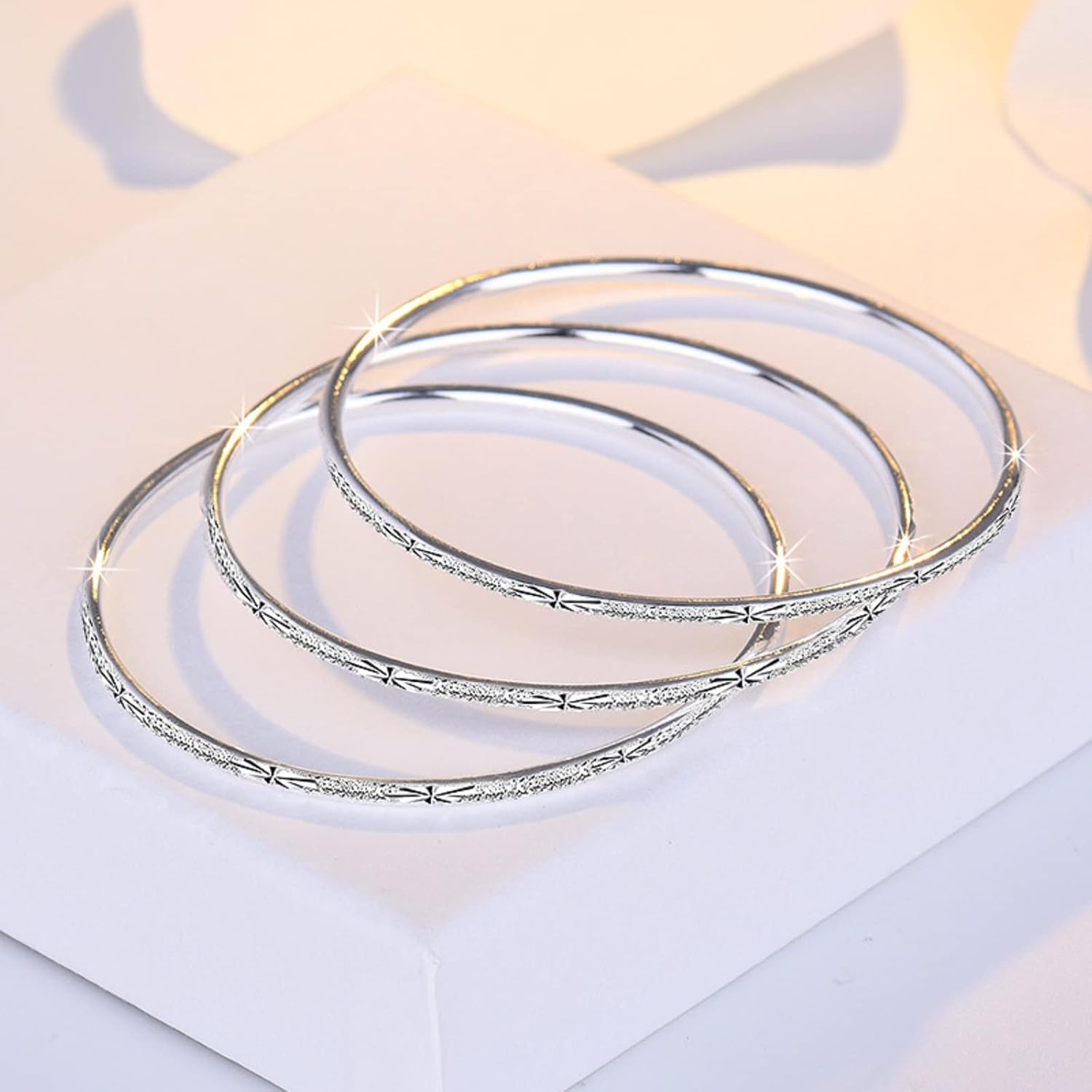 Three Sets Women Jewelry Solid 925 Sterling Silver Carving Women's Cuff Bracelet Bangle Jewelry Gift,Frosted Bracelet,Gypsophila Bracelet (58MM) - Image 8