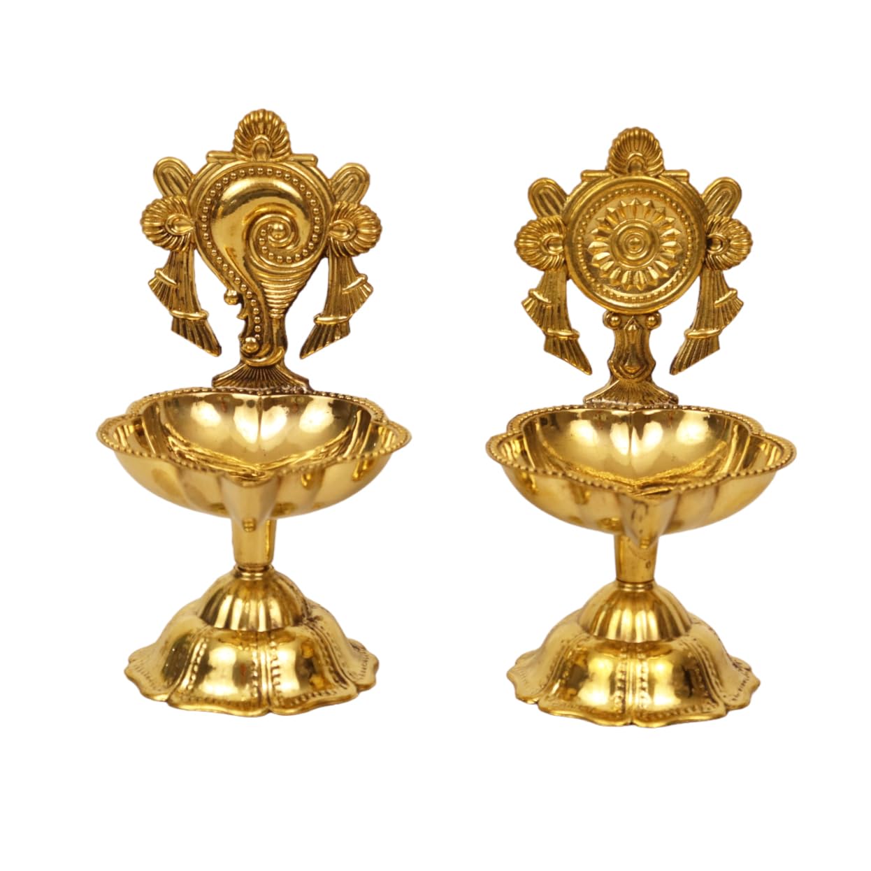 Spillbox Brass Diya for Puja | Pooja Aarti | Arti Deepak Deepam Oil Lamp for Home Temple Puja Articles Decor Gifts - Shanku Chakra Star Diya Set , Medium, Gold