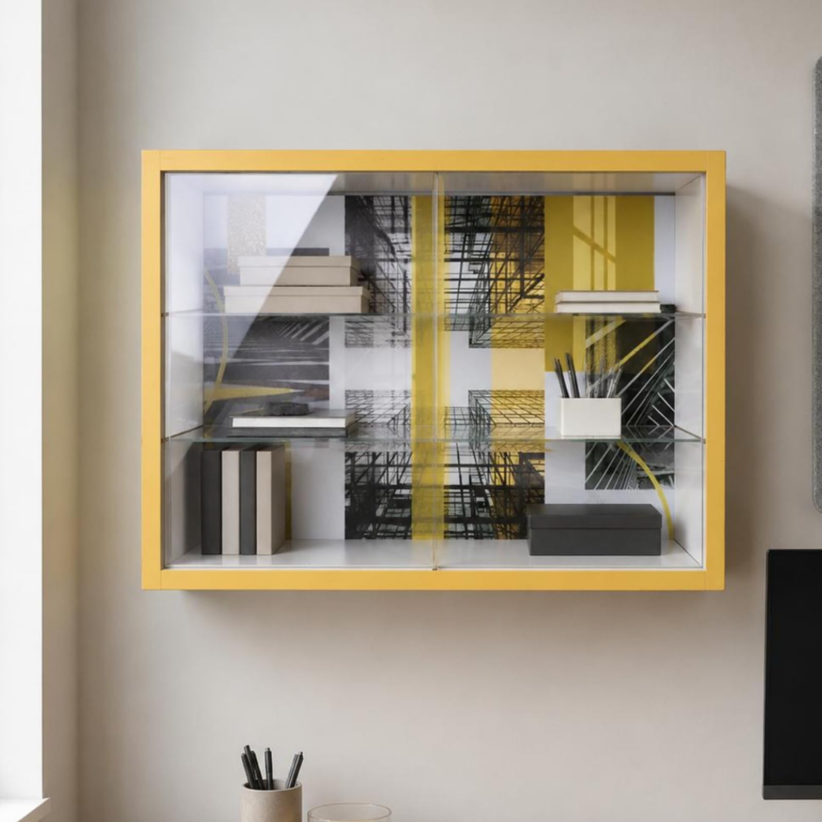 Colcolo Vitrina para Miniatura Vitrina Expositor , Amarillo , Patrón Geométrico con Marco Amarillo