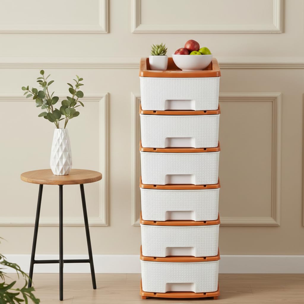Smarttex™ Plastic Modular Drawer Storage Chest Of Drawers Organizer Storage Box, Large Stomo Racks For Multipurpose Anti-slip Shoes Organizers (White & Golden, 6 Layer)