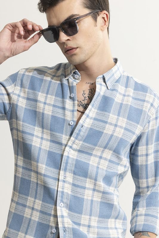 Image of SNITCH Men's Checks Shirts | College Wear| Casual Wear Streetwear Style | Cotton Button Down Full Sleeve Slim Fit Blue
