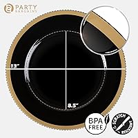 Vista 3 de Party Bargains - Bajoplatos de 13 pulgadas (16 unidades) color negro, borde dorado Bajoplatos desechables de plástico resistente. Bajoplatos
