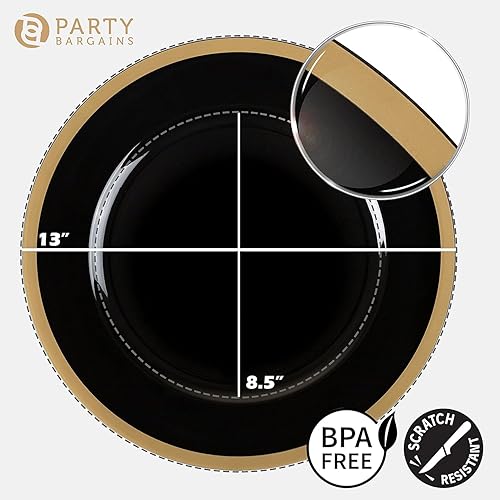 Miniatura 3 de Party Bargains - Bajoplatos de 13 pulgadas (16 unidades) color negro, borde dorado Bajoplatos desechables de plástico resistente. Bajoplatos
