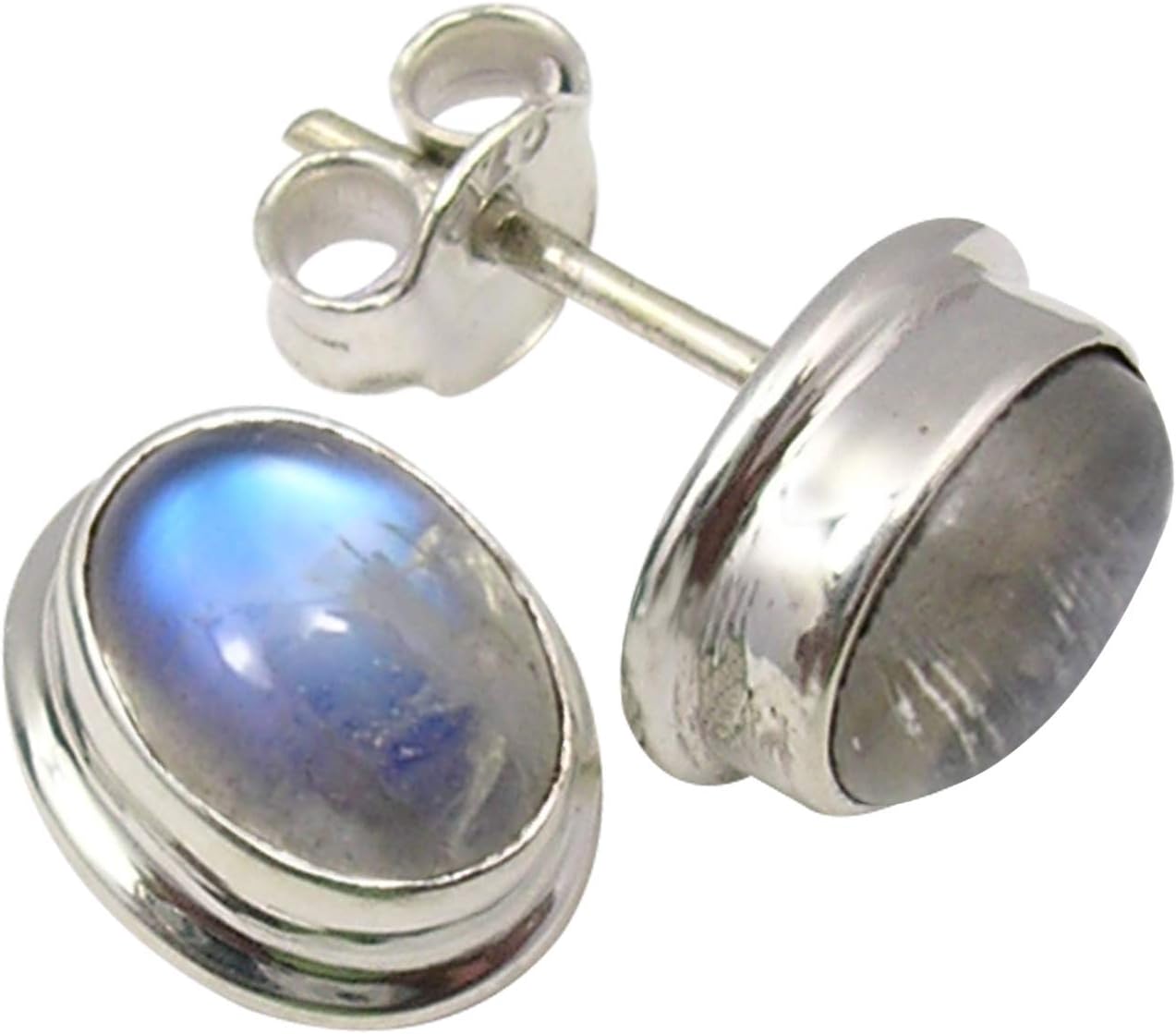 925 Solid Silver 6 x 8 mm Rainbow Moonstone Stud Earrings 0.5" Bijoux