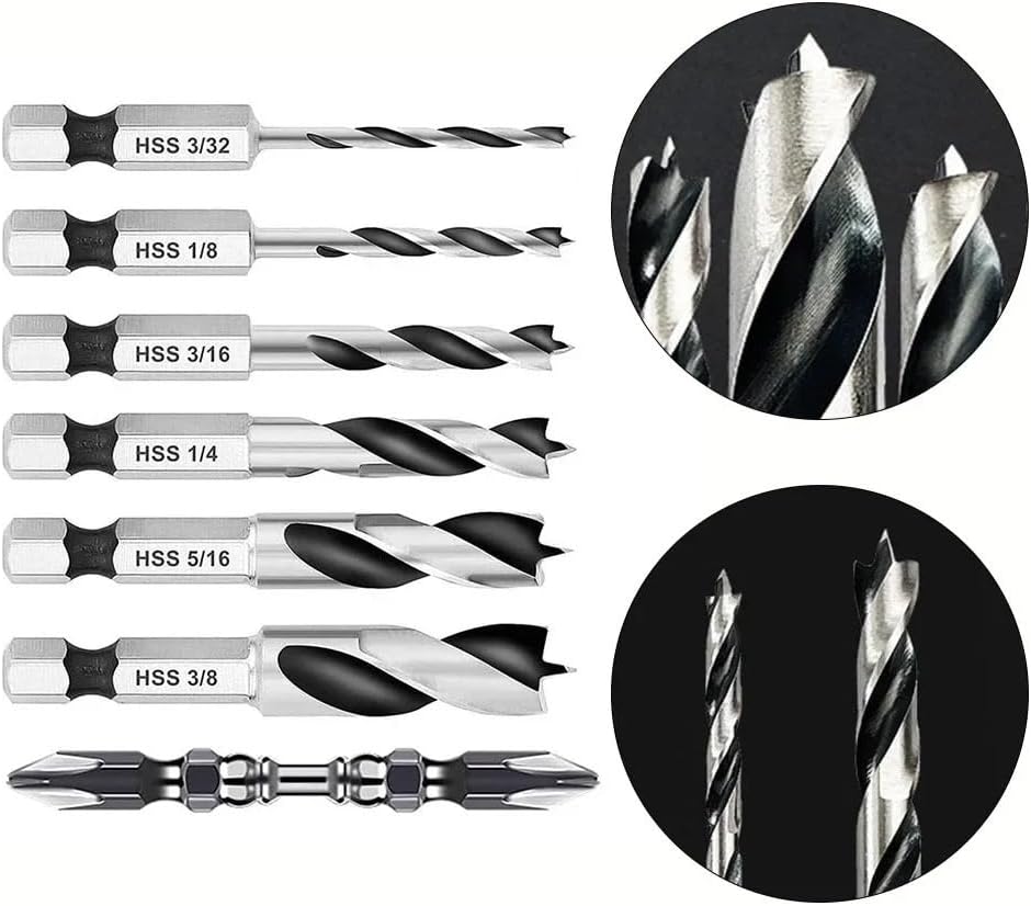 6pcs Three-Point Drill Bits with Screwdriver Bit Set 1/4Inch Hex Shank Woodworking Drill Bit 3/32" 1/8" 3/16" 1/4" 5/16" 3/8"