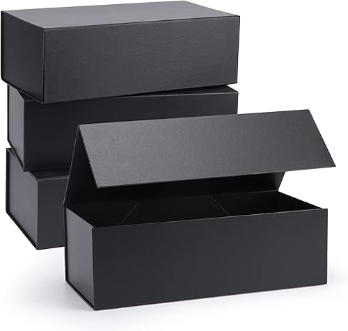 Giftgarden Paquete de 4 cajas de regalo negras con tapas magnéticas, 12 x 6 x 4 pulgadas, caja de regalo grande plegable para regalos, día de la