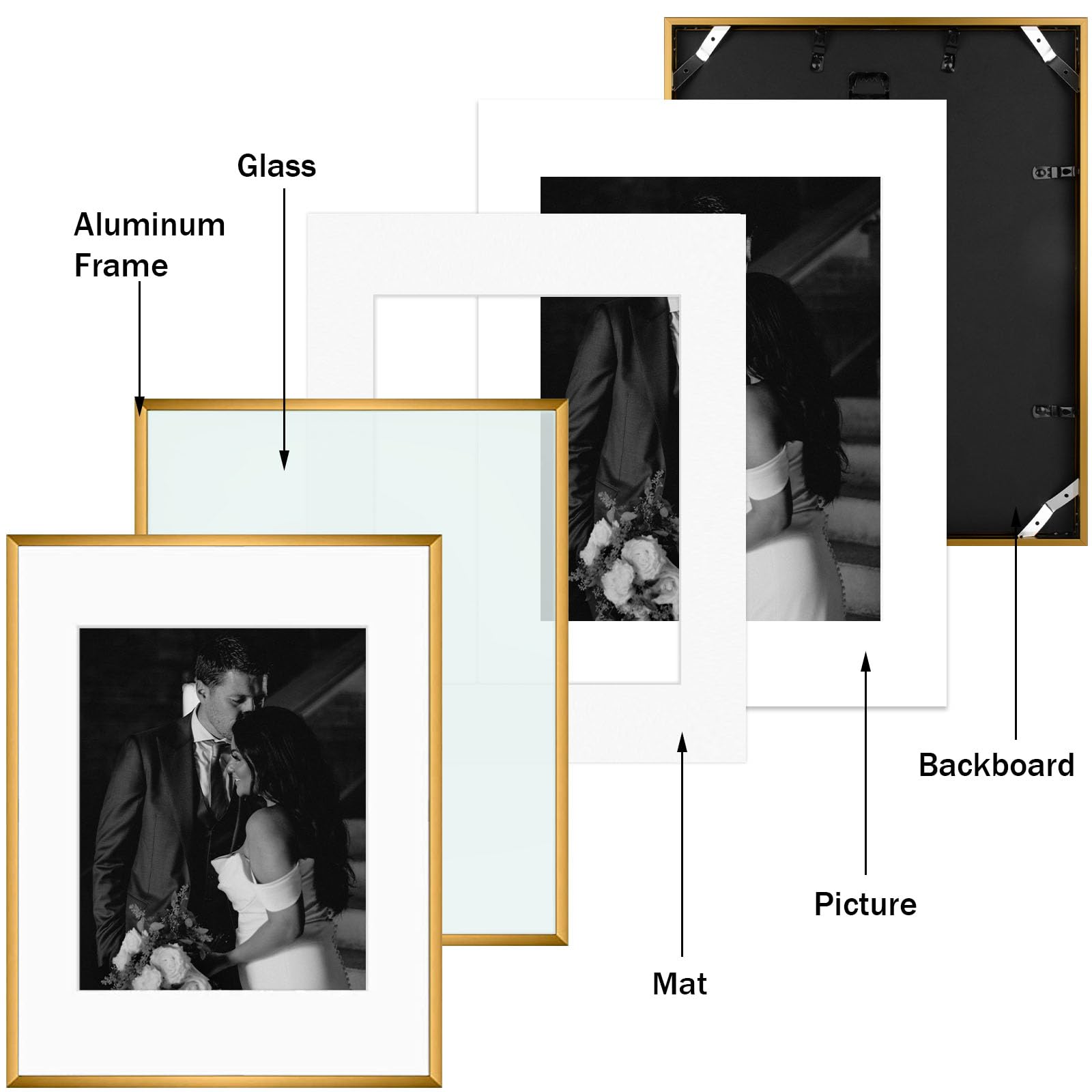 Frametory, Zestaw aluminiowych ramek ściennych z matą w kolorze kości słoniowej – 7 metalowych ramek na zdjęcia z prawdziwym szkłem – cztery 15 x 18, dwie 20 x 25 cm, jedna 11 x 14 cm, idealne do