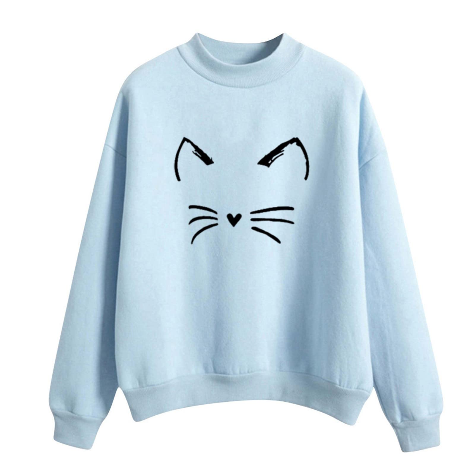 Cute Sweatshirt for Women Smile Cat Face Graphic T Shirt Lightweight Loose  Long Sleeve Pullover Casual Crewneck Sweatshirt