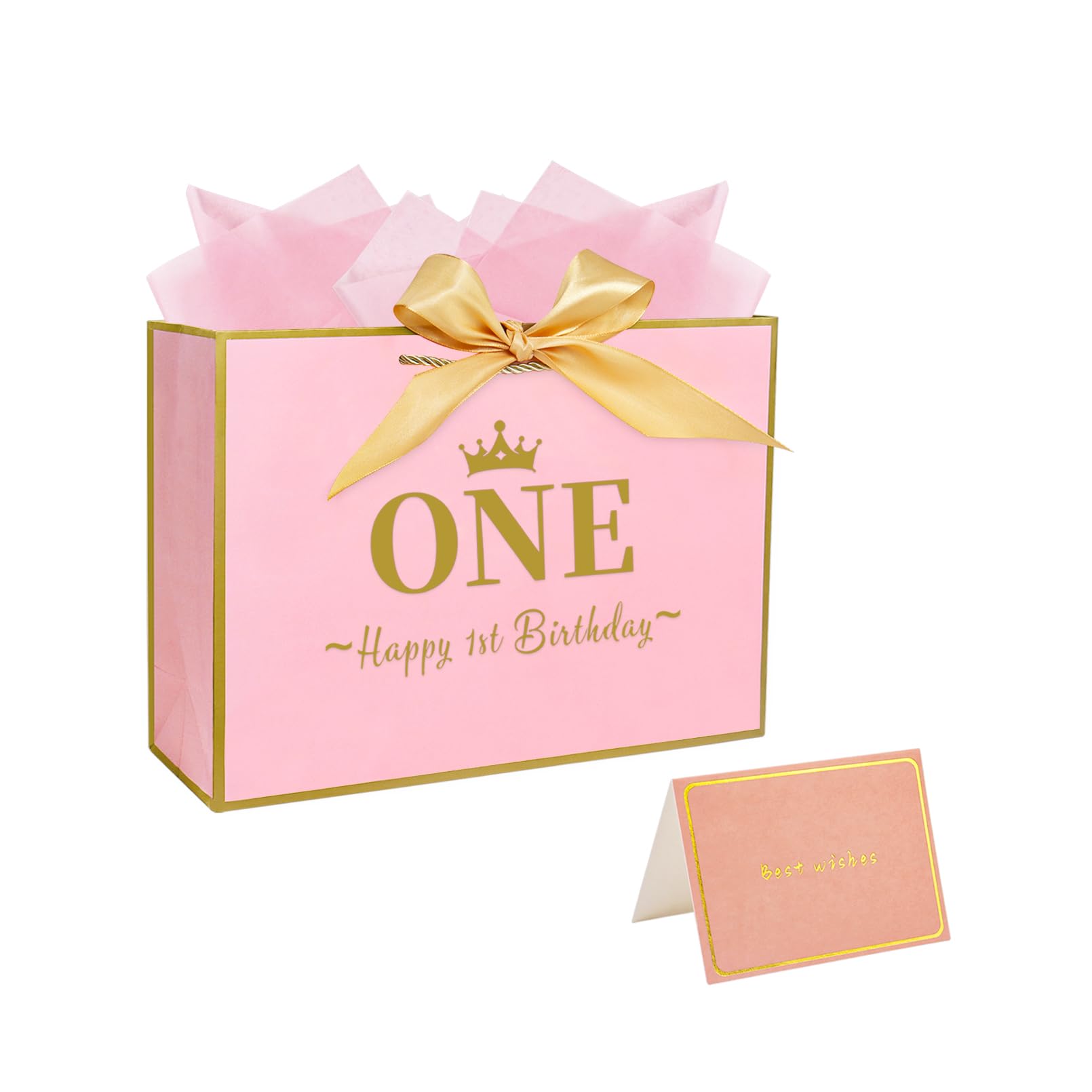 Nwvuop 11.0× 8.0× 4.0 Inches 1st Birthday Gift Bag with Tissue Paper and Card, One Year Old Baby Girl Gift Bag — image 1