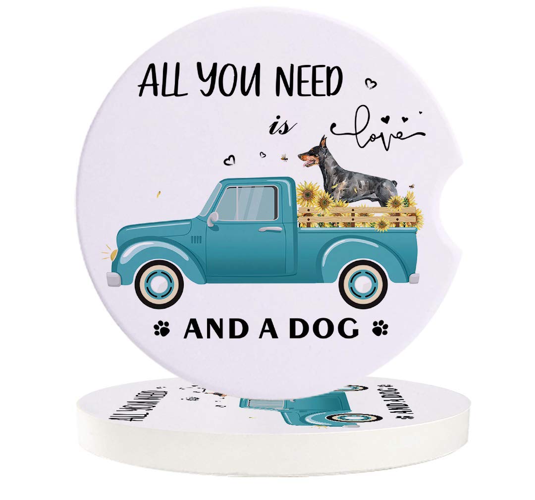 Absorbent Car Coasters Set All You Need Is Love And A Dog Doberman And Sunflower Truck Ceramic Stone with A Finger Notch for Easy Removal of Auto Cup Holder Coaster Set of 2