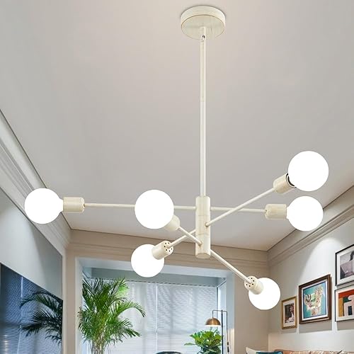 Deyidn Candelabros Sputnik de oro frotado blanco, lámpara colgante moderna de mediados de siglo, 6 luces para dormitorio, cocina, sala de estar,