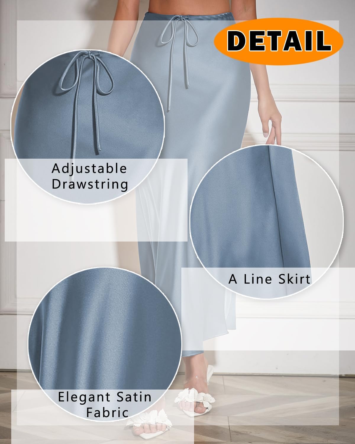 Women's Drawstring Satin Maxi Skirt High Waist Silk A Line Flowy Long Skirts