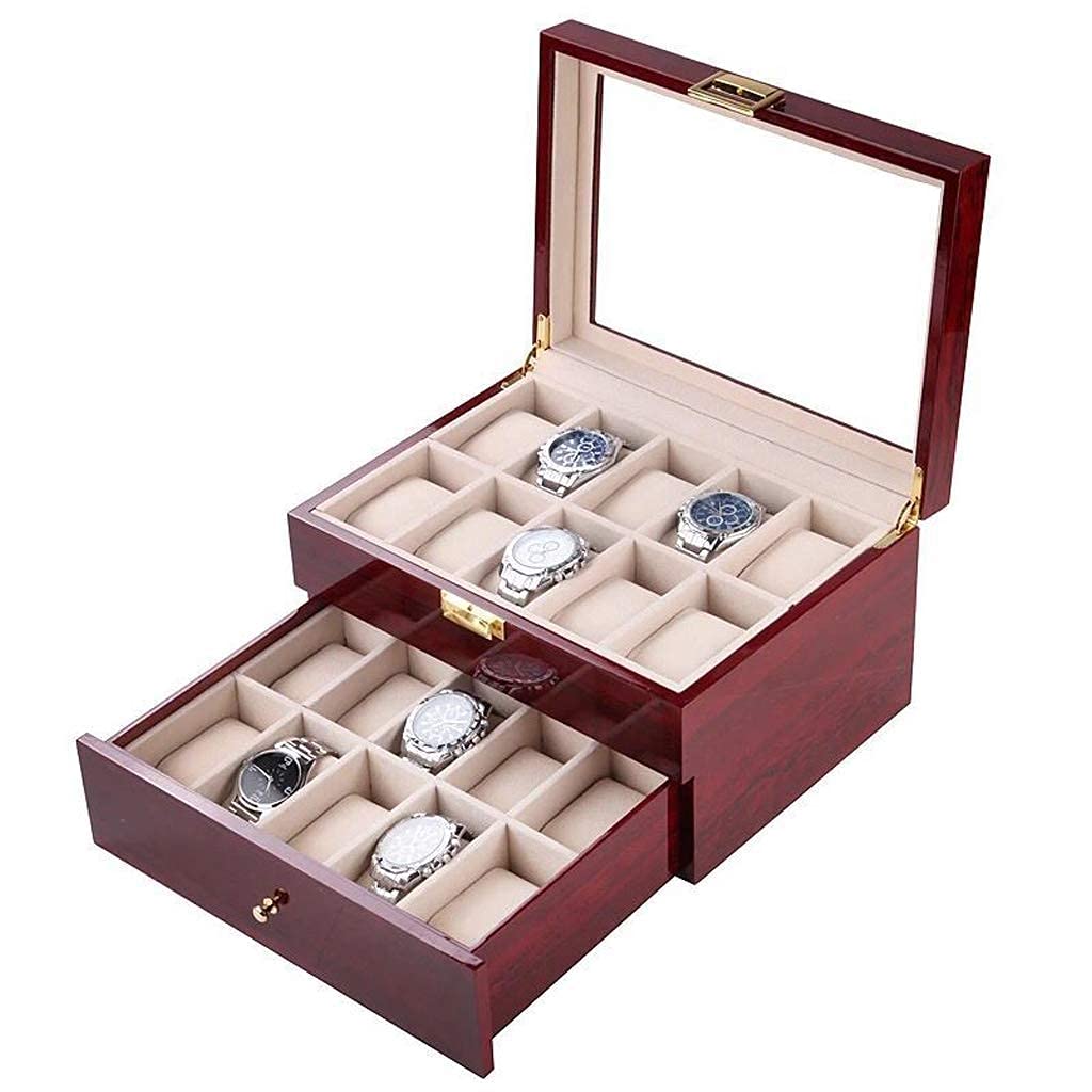 Storage Box- 20 Slots Watch Box, Mens&Womens Jewelry Display Organizer Lockable Watch Storage Case, with Glass Top
