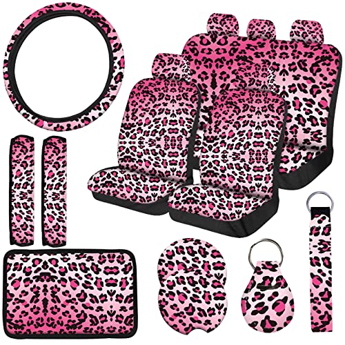 JINGSEN 15 PCS Pink Leopard Print Car Seat Cover Set,Steering Wheel Cover Center Console Armrest Pad Headrest Seat Belt Cover Handbrake Gear Cover Keychain Coasters Full Set for Car SUV