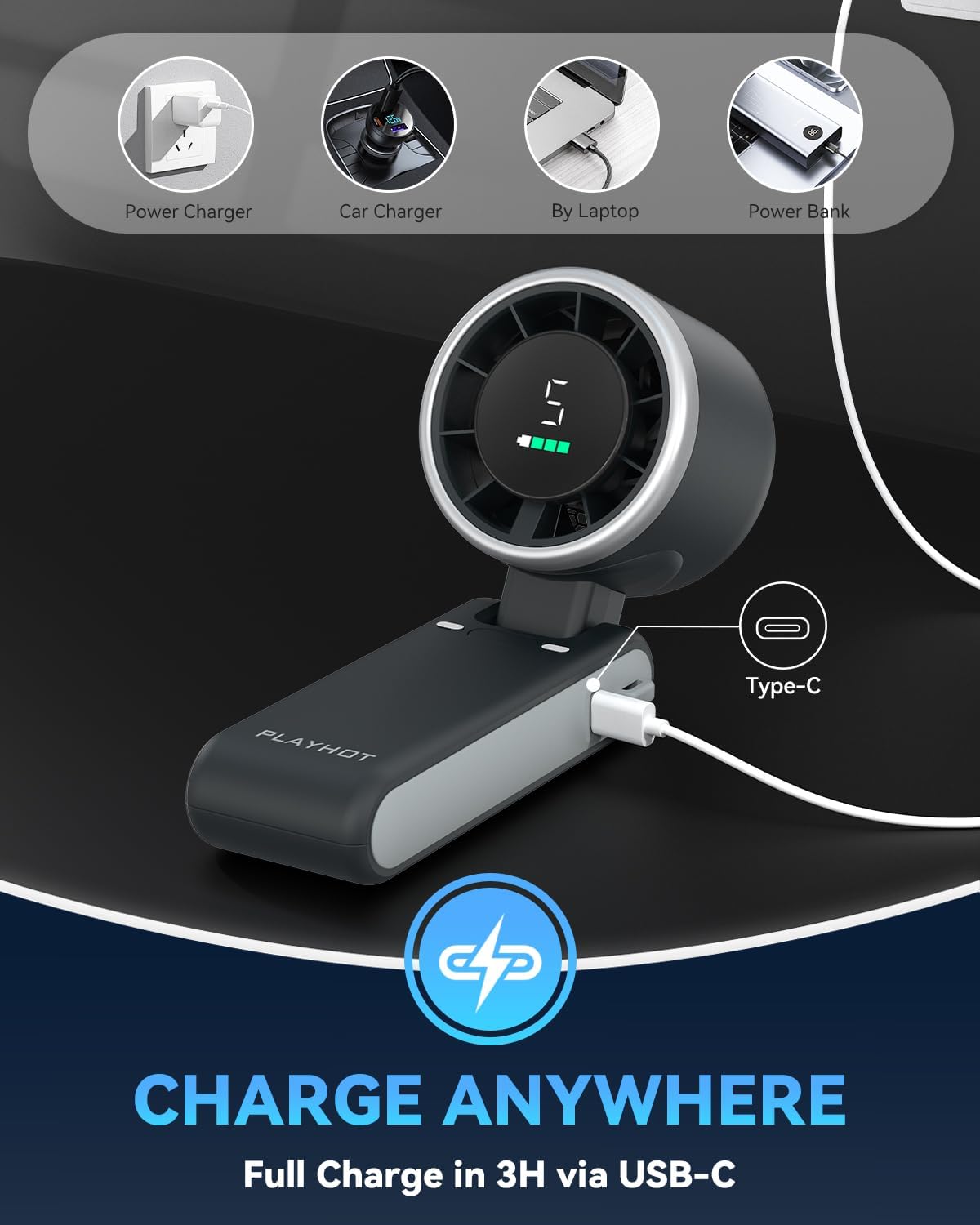 Portable Handheld Turbo Fan, 5 Gear Wind, Battery Operated, Up to 12 Working Hours, 3 IN 1 Hand Fans with Air Turbo Tech Cooling Fan for Outdoor Activities, Travel, Beach (Black) - Image 7