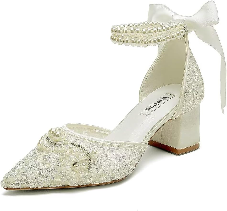 Lace Pearl Wedding Shoes for Bride Block Heel Bridal Shoes Closed Toe Wedding Heels