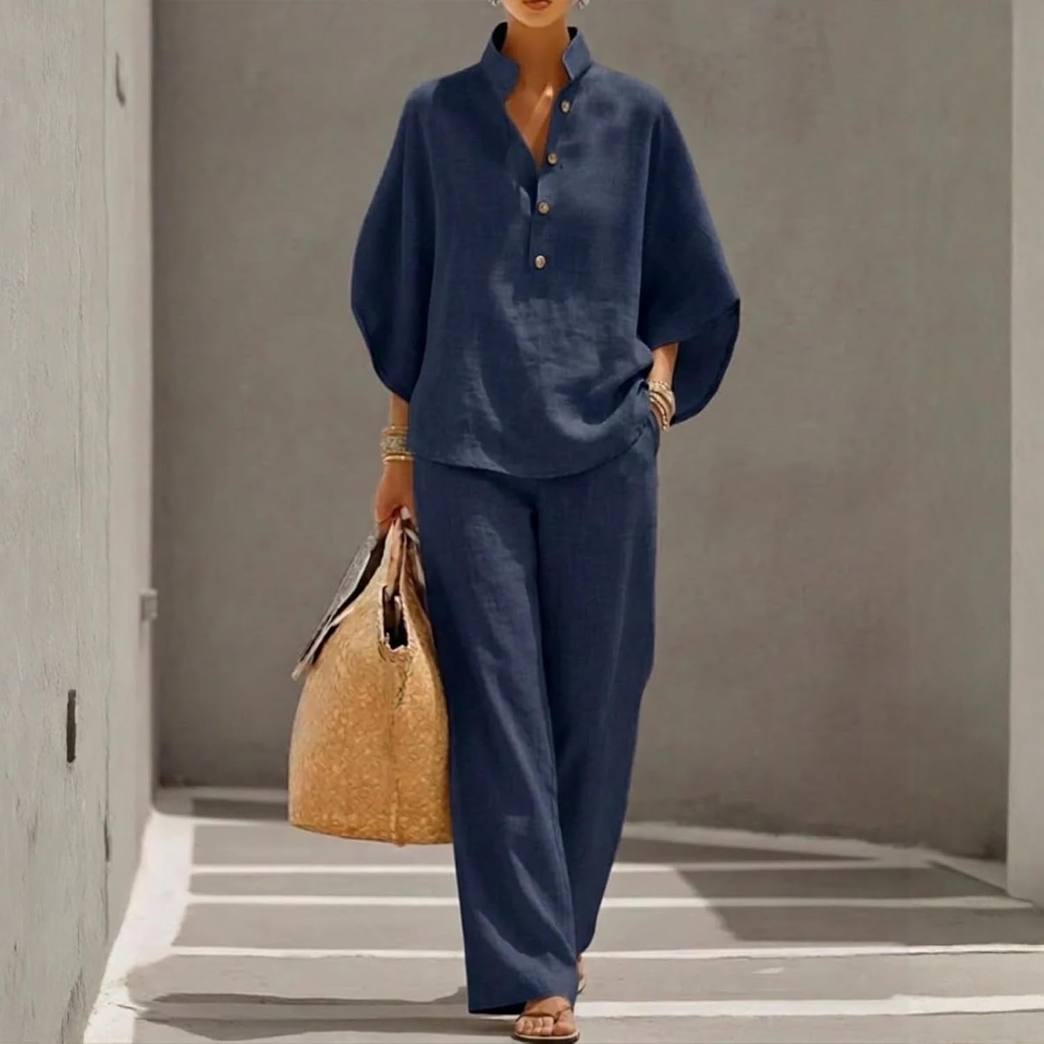 eoeioa Linen Sets for Women 2 Piece Trendy Button Down Batwing Sleeve Tops Baggy Wide Leg Pants Set Casual Travel Outfits