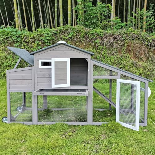 Chicken Coop and Run, Two Story Mobile Rabbit Hutch Indoor Outdoor, Wooden Hen House with Nesting Box Rabbit Cage on Wheels, Ramp, Deep No Leak Pull O