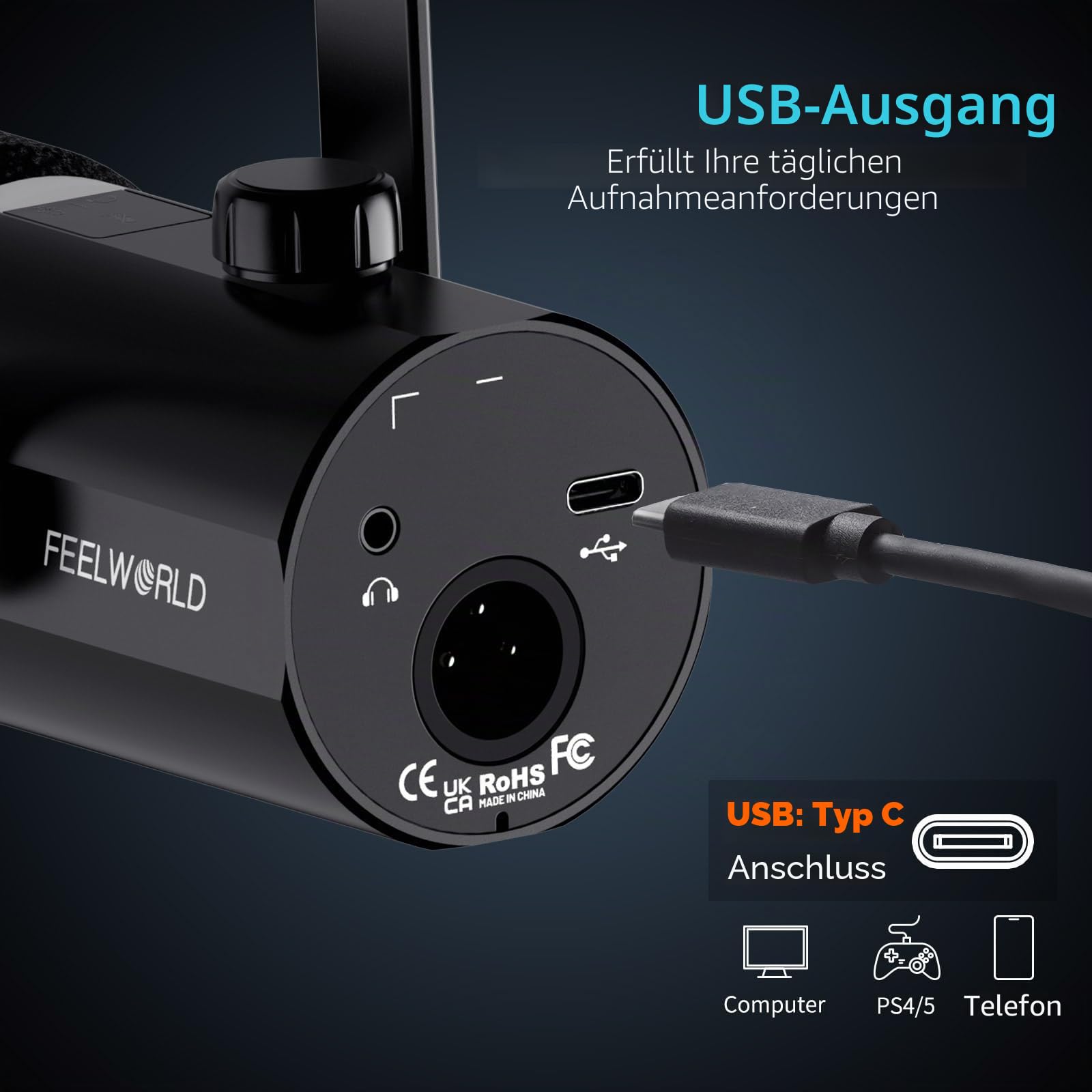 FEELWORLD PM1 XLR USB Dynamisches Mikrofon mit Boom Arm Stand für Podcast Aufnahme PC Computer Gaming Live Streaming Vocal Voice-Over, Studio Metall Mikrofon, RGB Licht, Mute Taste, Kopfhöreranschluss