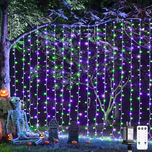 Image of JMEXSUSS 300LED Purple & Green Curtain Lights for Halloween Decor, Plug in | 9.8x9.8ft, Halloween Curtain Lights with Remote, Twinkle Hanging String Light for Bedroom Wall Window Backdrop Indoor Outdoor