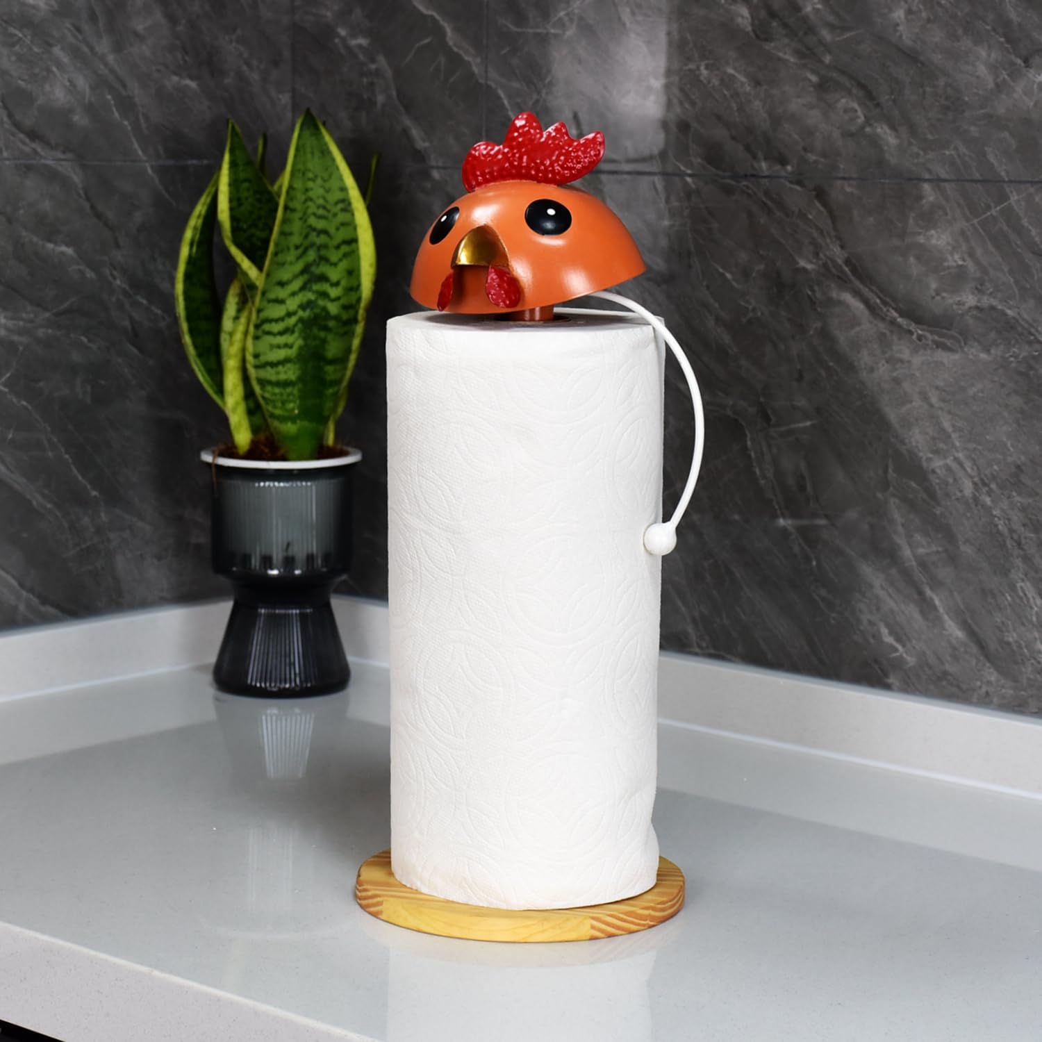 WDLFCGC Cartoon Metal Rooster Paper Towel Holder Countertop,Rooster Paper Towel Holder Stand(Wooden Countertop)