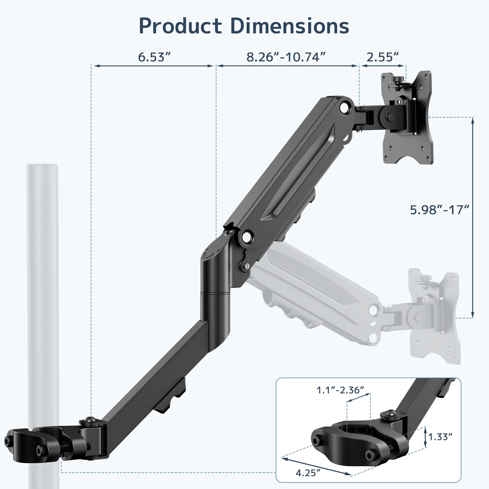 WORLDLIFT Braccio monitor regolabile in altezza per schermi da 17"-27" con molla meccanica, VESA 75x75 e 100x100 - Può contenere fino a 7 kg