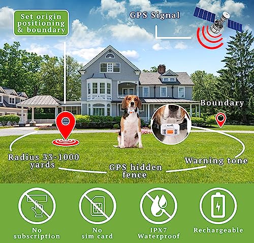 Pawious GPS Wireless Dog Fence - Pet Containment System, Electric Dog Fence with Radius up to 1000 Yards, Rechargeable, Perimeter Shock Collar for Medium and Large Dogs, Outdoor Use Only