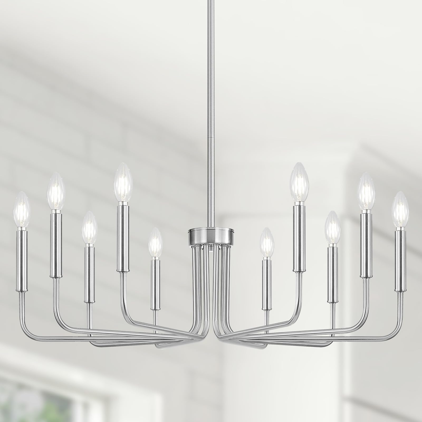 Yunnix 10 Light Brushed Nickel Chandelier, Farmhouse Chandelier for Dining Room Light Fixture Hanging, UL Listed Industrial Modern Chandelier for Bedroom, Kitchen, Living Room, No Assembly Required