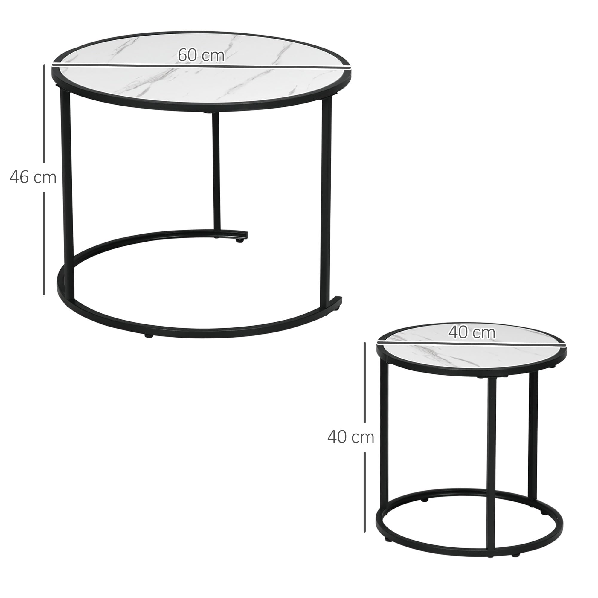 HOMCOM Juego de 2 Mesas Auxiliares Redondas Apilables Mesas Nidos Modernas con Encimera en Efecto de Mármol y Marco de Acero Ø60x46 cm y Ø40x40 cm Blanco