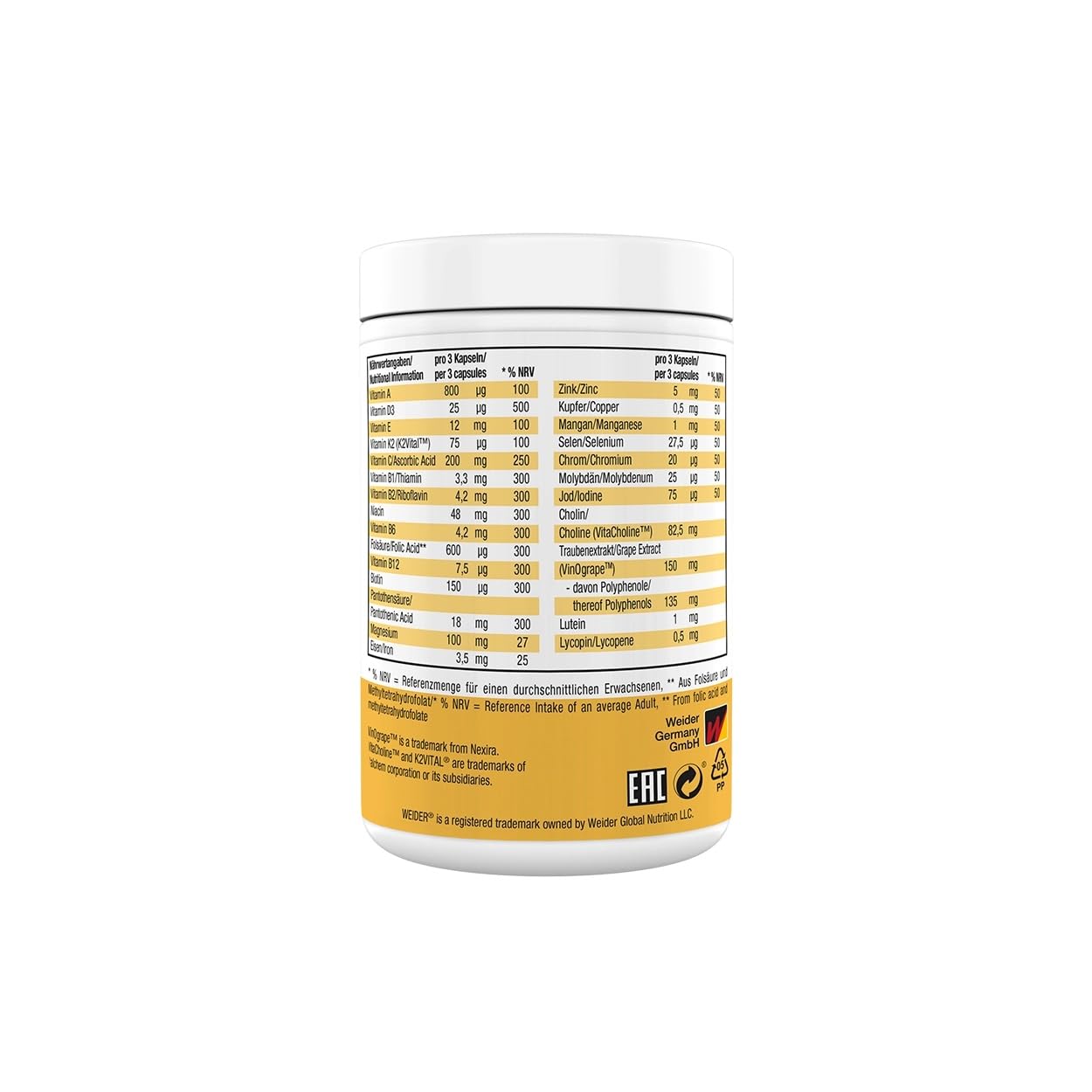 Weider - Multivitamin Complete - 13 Vitamine, Mineralstoffe und Pflanzenextrakte - Mit Vitamin D3, Vitamin C - Immunsystem stärken - 90 Kapseln