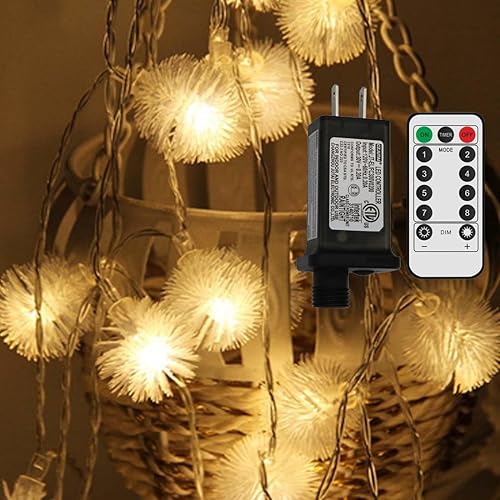 Miniatura 10 de Amants01 Cadena de luces de bolas de nieve peludas de 16.5 pies, funciona con pilas, 40 luces LED de hadas de diente de león para vacaciones, bodas,
