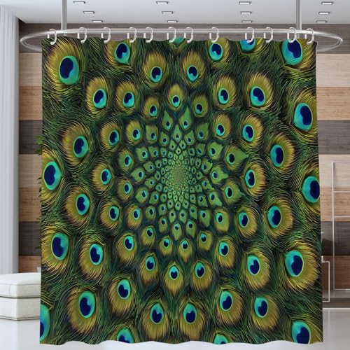240 x 200 cm Caleidoscopio De Plumas De Pavo Real Cortina de Ducha Cortina de baño Verde Original Cortine bañera para Baño Resistente al Agua Durable Tela Poliéster con Ganchos