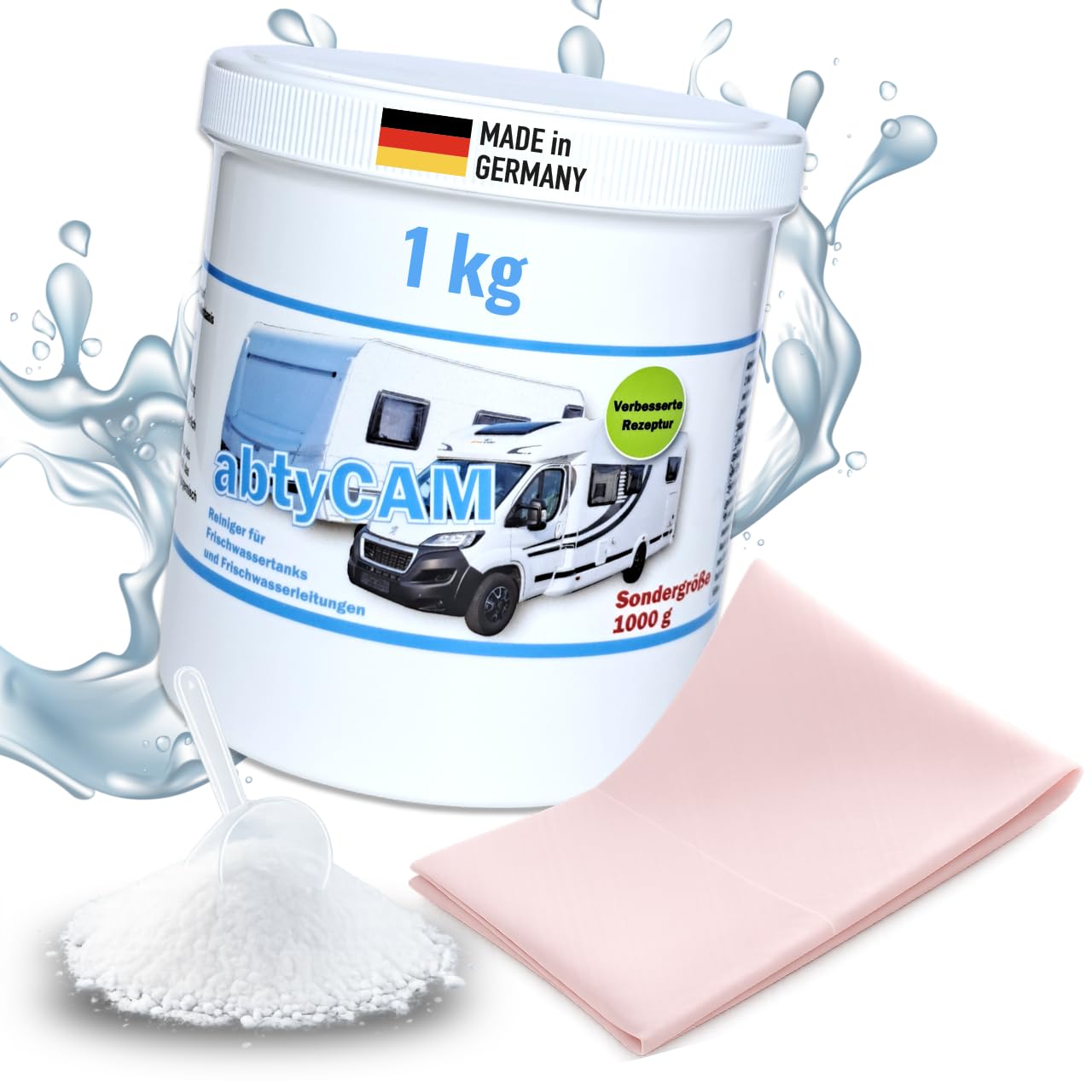 abtyCAM Wassertank Frischwassertank Reiniger für Wohnmobil Wohnwagen 1000g | Löst Verschmutzungen & Ablagerungen ohne Nachspülen, mit Aktivsauerstoff, Zubehör für Tank & Wasserleitung für Caravan & Boot