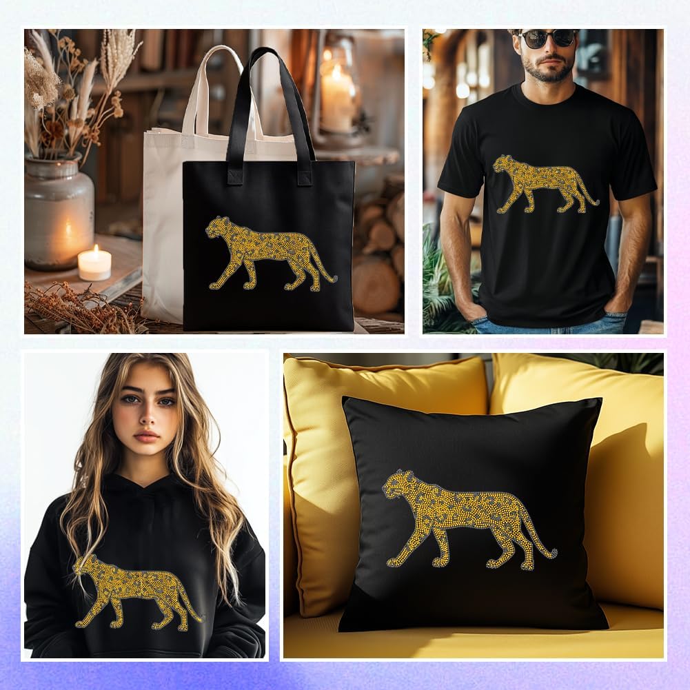 ANATTASOUL Gold Leopard Rhinestone Iron on Hotfix, Animal Patterns Heat Transfer Decal Bling Rhinestone Decals Heat Transfer Patch Clothing Repair Applique for T-Shirt DIY
