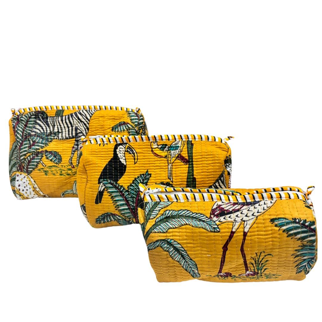 The House of RajPadmini Alfred Edition Travel Accessory:- Premium Waterproof Quilted Cotton Beauty/Travel Organizer Bag for Men & Women (Set of 3) (Animal Printed Yellow)-image-23