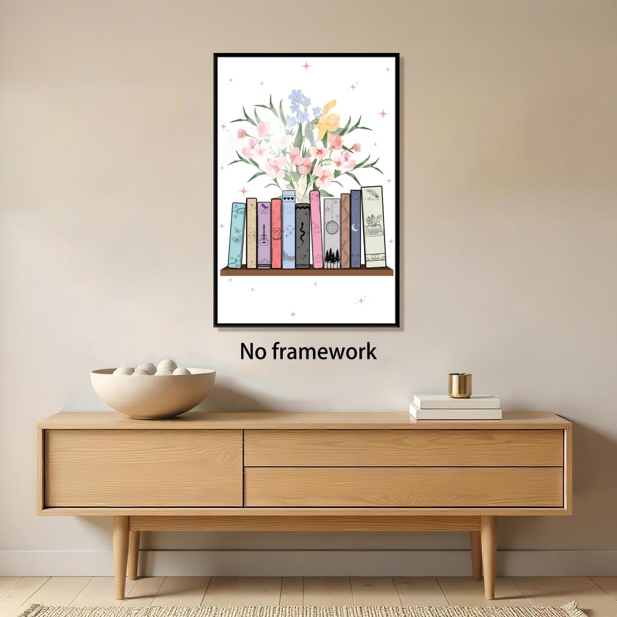 Floral Bookstack Wall Art Pastel Book with Flowers Music Poster Trendy Bookish Wall Decor Bookshelf Canvas Print Feminine Cozy Reading Corner Decor for Home Library Dorm 12x18inch Unframed