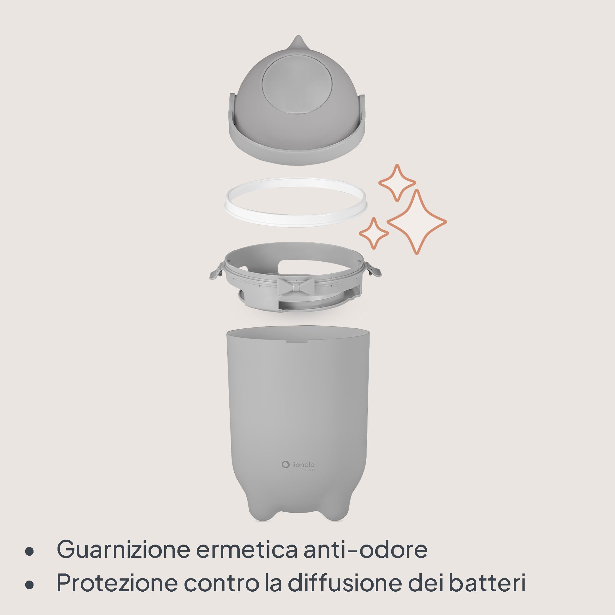 lionelo PUREBIN Mangiapannolini Universale che non lascia uscire gli odori, per sacchetti universali senza ricariche costose, bidone pannolini per neonati, uso con una mano, 10 l (Grigio)